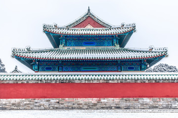 Red wall and snow in Temple of Heaven, Beijing, China