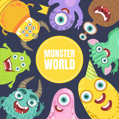 Yellow circle with the inscription Monster World. Vector illustration of a dark blue background.