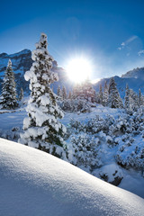 Idyllische Winterlandschaft in den Alpen (Österreich, Vorarlberg, Montafon)