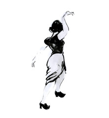 Dancing woman ink drawing. Black and white illustration of elegant pose girl, retro fashion, swing dancer