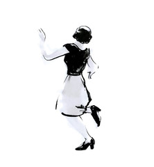 Dancing woman ink drawing. Black and white illustration of elegant pose girl, retro fashion, swing dancer