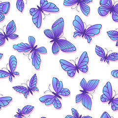 Fototapeta na wymiar Butterfly seamless pattern. Butterflies with different blue wings fly. Abstract surface design. Vector hand drawn stock illustrations. Colorful magic girlish fashion isolated on white
