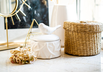 Country style home decor, jewelry box and wicker basket