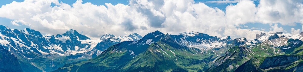 Fototapeta na wymiar Switzerland, Panoramic view on green Alps from Schynige Platte
