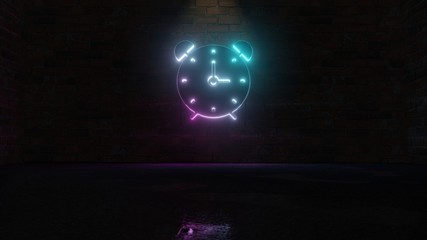 3D rendering of blue violet neon symbol of alarm clock icon on brick wall