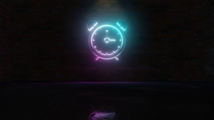 3D rendering of blue violet neon symbol of alarm clock icon on brick wall
