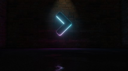 3D rendering of blue violet neon symbol of angle right icon on brick wall