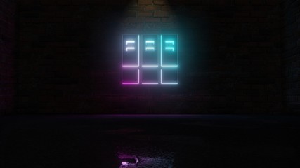 3D rendering of blue violet neon symbol of archive icon on brick wall