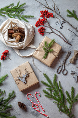 Zero waste Christmas concept. Natural Chirsmas decoration and Hand crafted gifts without plastic. Flat lay, top view.