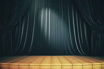 Wooden stage with black curtains