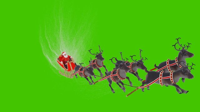 Santa Claus on a sleigh with Christmas reindeer. Animation in front of green screen.