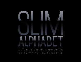 Vector Slim Alphabet. Black shiny Font. Beautiful modern Alphbaet Letters and Numbers
