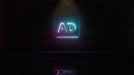 3D rendering of blue violet neon symbol of audio description icon on brick wall