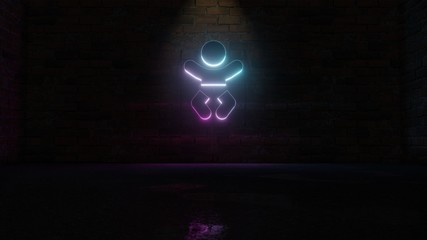 3D rendering of blue violet neon symbol of baby icon on brick wall