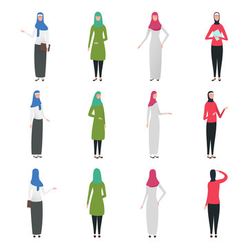 Cartoon arab muslim woman in traditional clothes isolated on white background. Colorful character in different position. Flat design style. Front, rear, side view. Vector illustration.