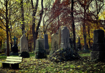 Munich, autumnal view with beautiful colors of Alter Nordfriedhof (old cemetery North), a dismiss graveyard now public park and green space for jogging and relax in the heart of the city