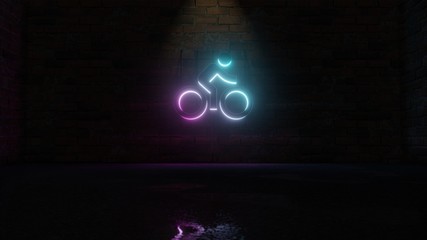 3D rendering of blue violet neon symbol of bike with rider icon on brick wall