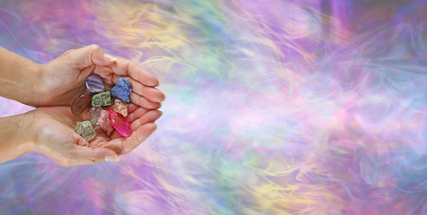 Crystal healing practitioner message banner -  female crystal therapist with cupped hands...