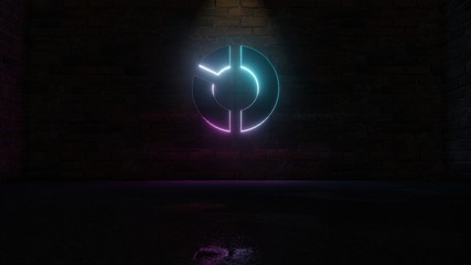3D rendering of blue violet neon symbol of pie chart icon on brick wall