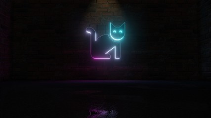 3D rendering of blue violet neon symbol of cat icon on brick wall