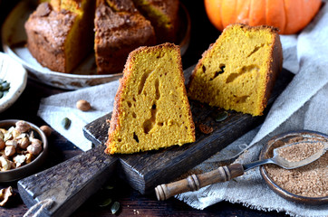 Pumpkin cake with nuts and pumpkin seeds and brown sugar
