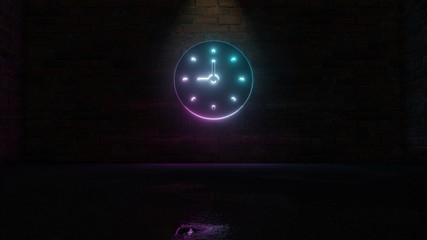 3D rendering of blue violet neon symbol of clock icon on brick wall