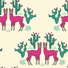 Vector nature geometric seamless pattern in beige. Simple doodle llama, cactus hand drawn made into repeat. Great for background, wallpaper, wrapping paper, packaging, fashion.