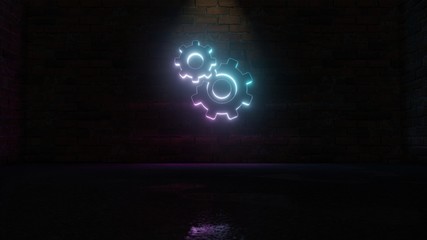 3D rendering of blue violet neon symbol of cogwheel icon on brick wall