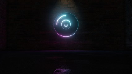 3D rendering of blue violet neon symbol of compact disc icon on brick wall