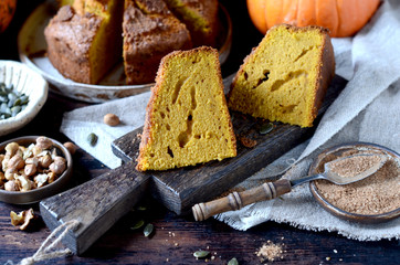 Pumpkin cake with nuts and pumpkin seeds and brown sugar
