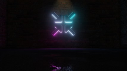 3D rendering of blue violet neon symbol of compress arrows icon on brick wall