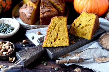 Pumpkin cake with nuts and pumpkin seeds and brown sugar