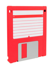 Red 3.5 inch compact floppy disk with blank label isolated on a white background