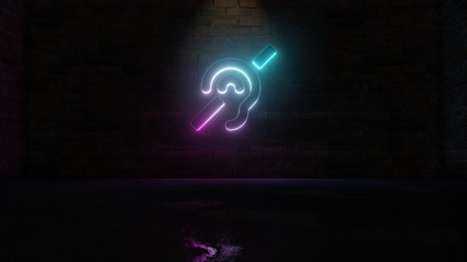 3D rendering of blue violet neon symbol of deaf icon on brick wall