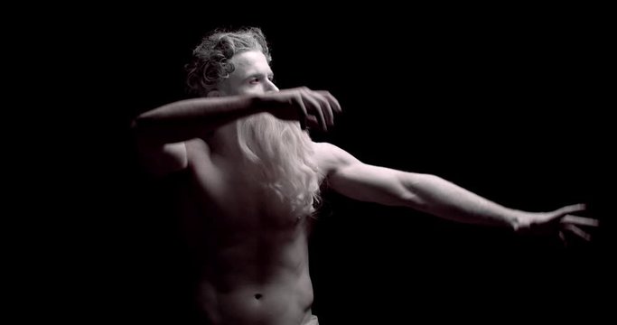 Muscular ancient greek God Poseidon with gray beard is flexing and posing, 4k