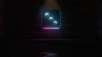 3D rendering of blue violet neon symbol of dice three icon on brick wall