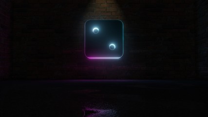 3D rendering of blue violet neon symbol of dice two icon on brick wall