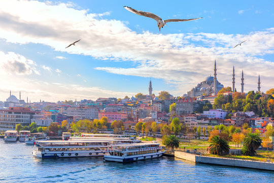 Eminonu pier and the Suleymaniye Mosque in Istanbul, Turkey