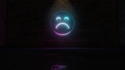 3D rendering of blue violet neon symbol of emoticons sad  icon on brick wall