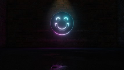 3D rendering of blue violet neon symbol of emoticons smile icon on brick wall