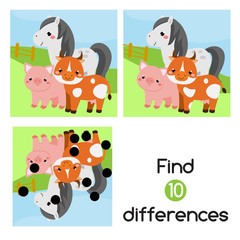 Find the differences educational children game. Kids activity with cartoon farm animals