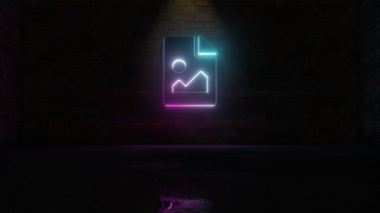 3D rendering of blue violet neon symbol of file image icon on brick wall