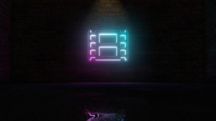 3D rendering of blue violet neon symbol of film icon on brick wall