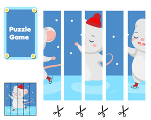 Cute mouse skating. Puzzle for toddlers. Match pieces and complete the picture. Educational game for children