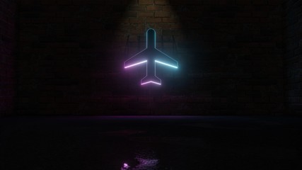 3D rendering of blue violet neon symbol of flight icon on brick wall