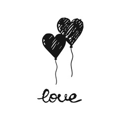 Vector illustration with hand-drawn lettering. love with hot air balloon in the shape of a heart. Calligraphic design. Can be used for t-shirt print, invitation, greeting card, posters, banners