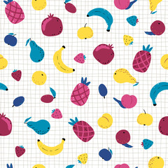 Trendy fruit pattern on a checkered background. Colorful seamless vector pattern in hand-drawn cartoon scandinavian style. Ideal for printing onto fabric, textile, packaging.
