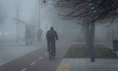 Cyclist in the city is moving along a bicycle path in fog - 306895071
