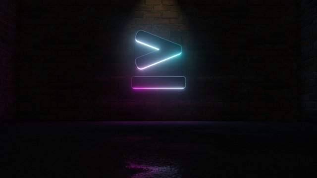 3D rendering of blue violet neon symbol of greater than equal icon on brick wall