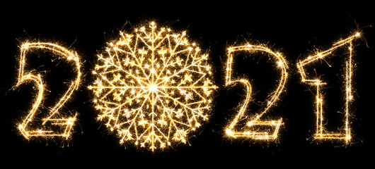 New Year 2021 with snowflake made by sparkler . Number 2021 and sign written sparkling sparklers . Isolated on a black background . Overlay template for holiday greeting card .